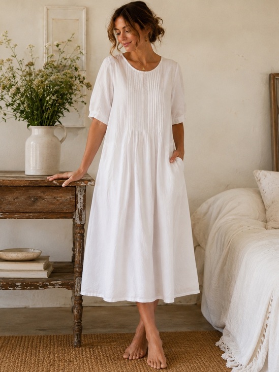 Dresses & Skirts - White Pintuck Cottagecore Midi Dress | Romantic Heirloom Prairie Lounge Dress